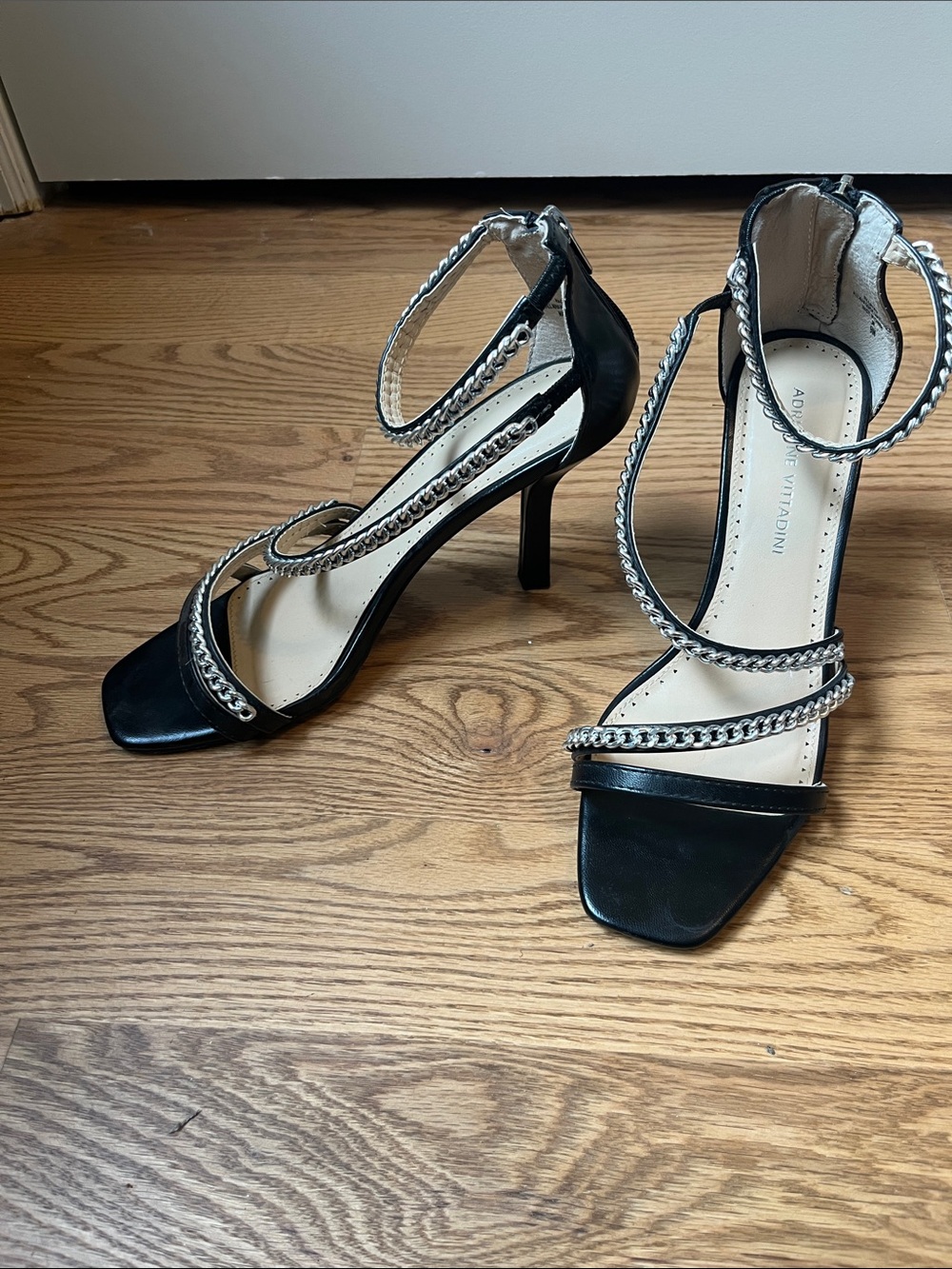 Adrienne Vittadini Black Stiletto Sandals with Silver Chain Trim